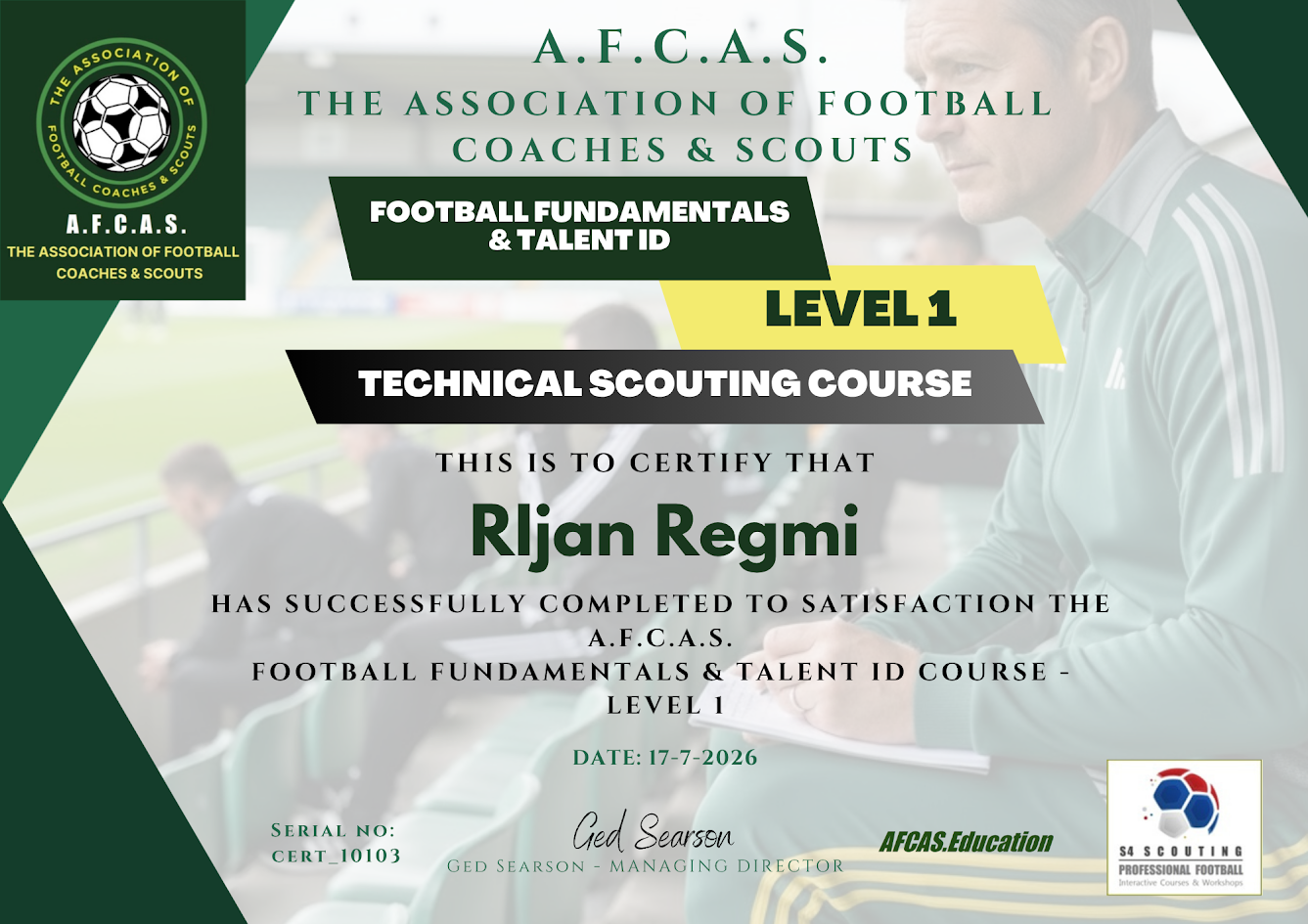 A.F.C.A.S. Technical Scouting & Talent ID - Level 1 credential view