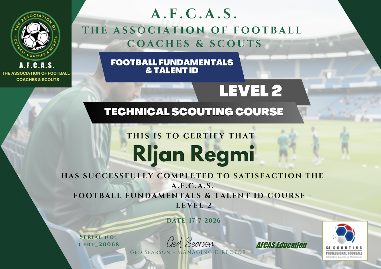 A.F.C.A.S. Technical Scouting & Talent ID - Level 2 credential view