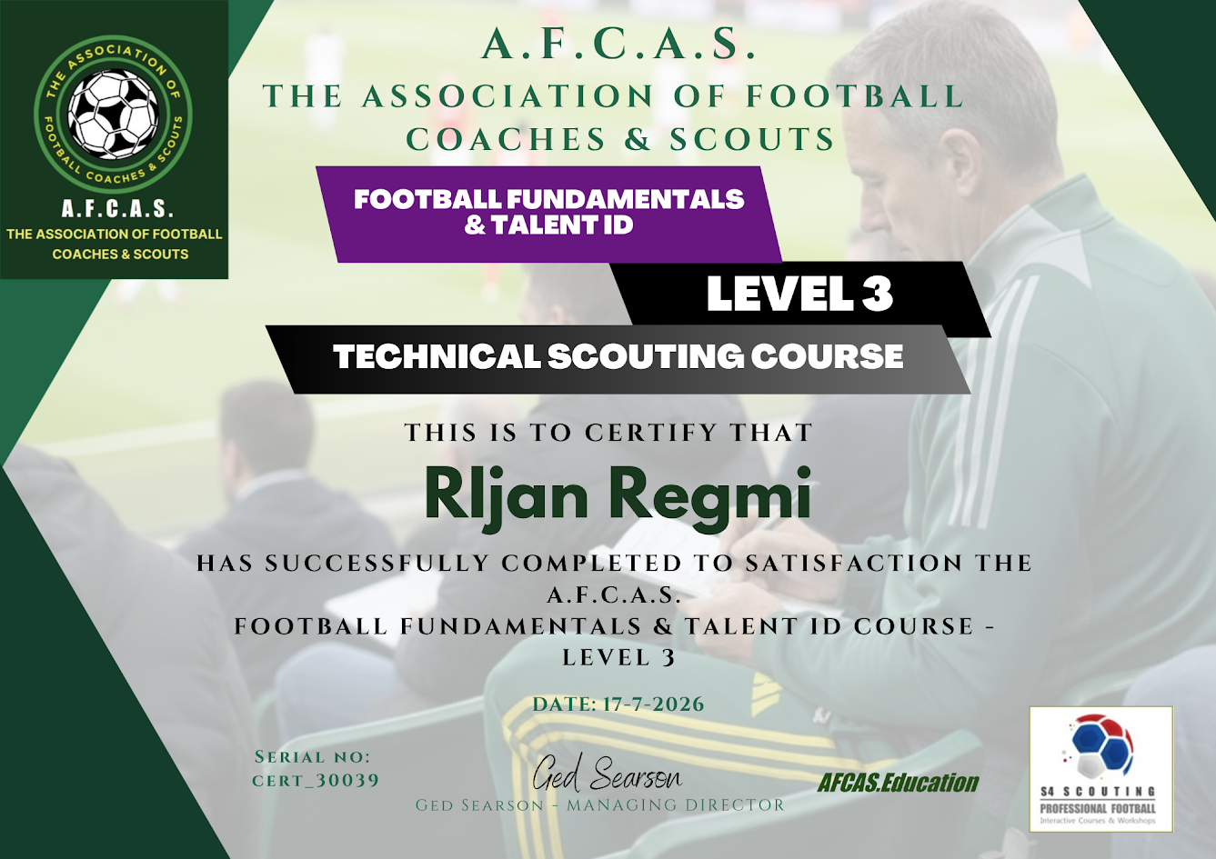A.F.C.A.S. Technical Scouting & Talent ID - Level 3 credential view