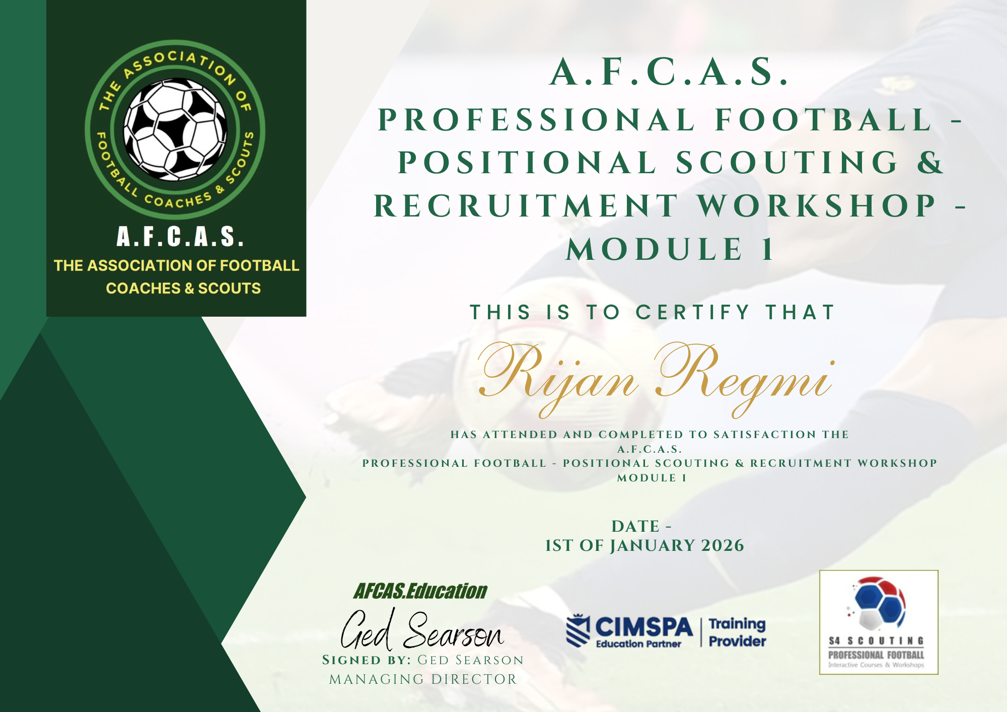 A.F.C.A.S. Positional Scouting & Recruitment - Module 1 credential view