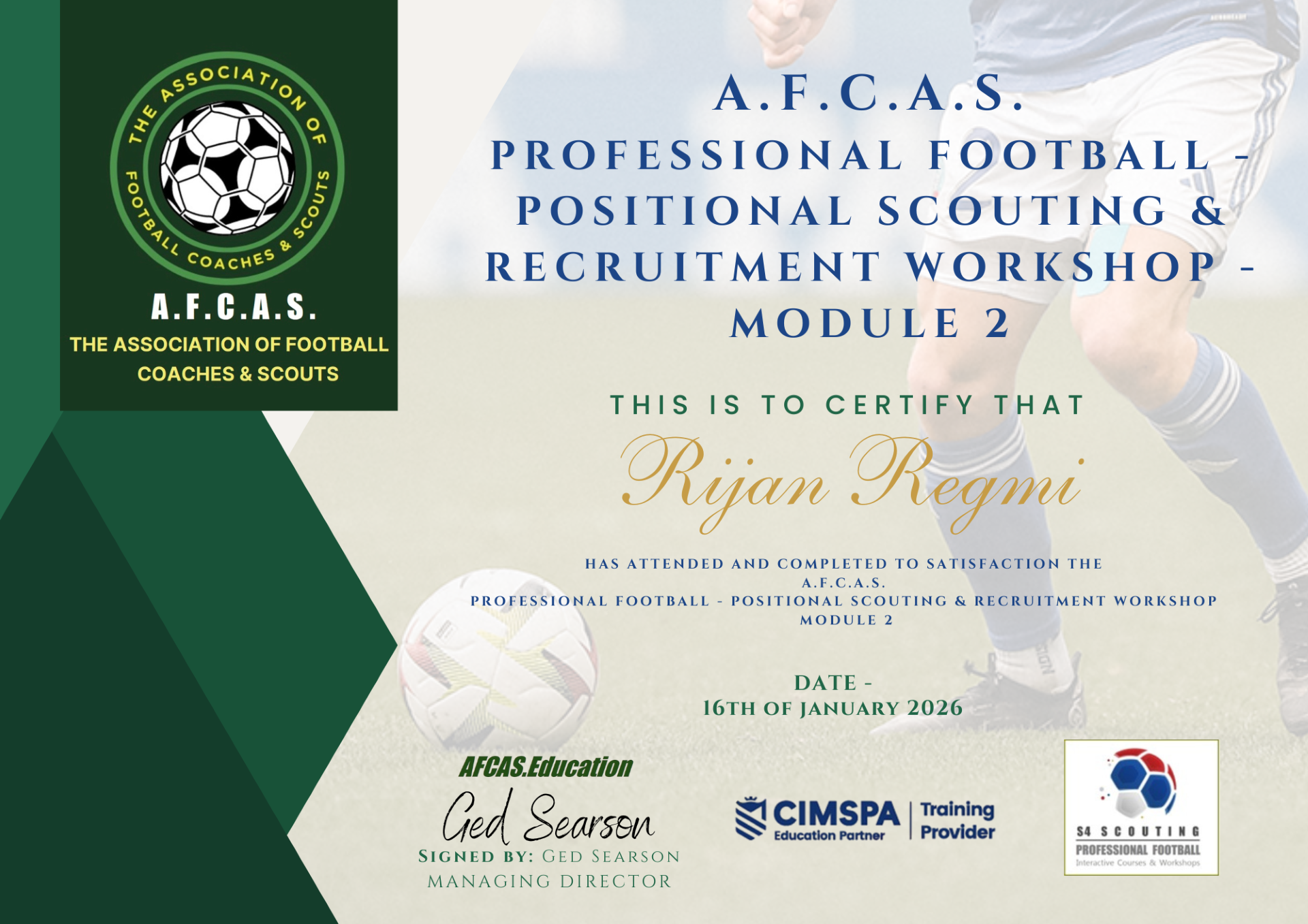 A.F.C.A.S. Positional Scouting & Recruitment - Module 2 credential view