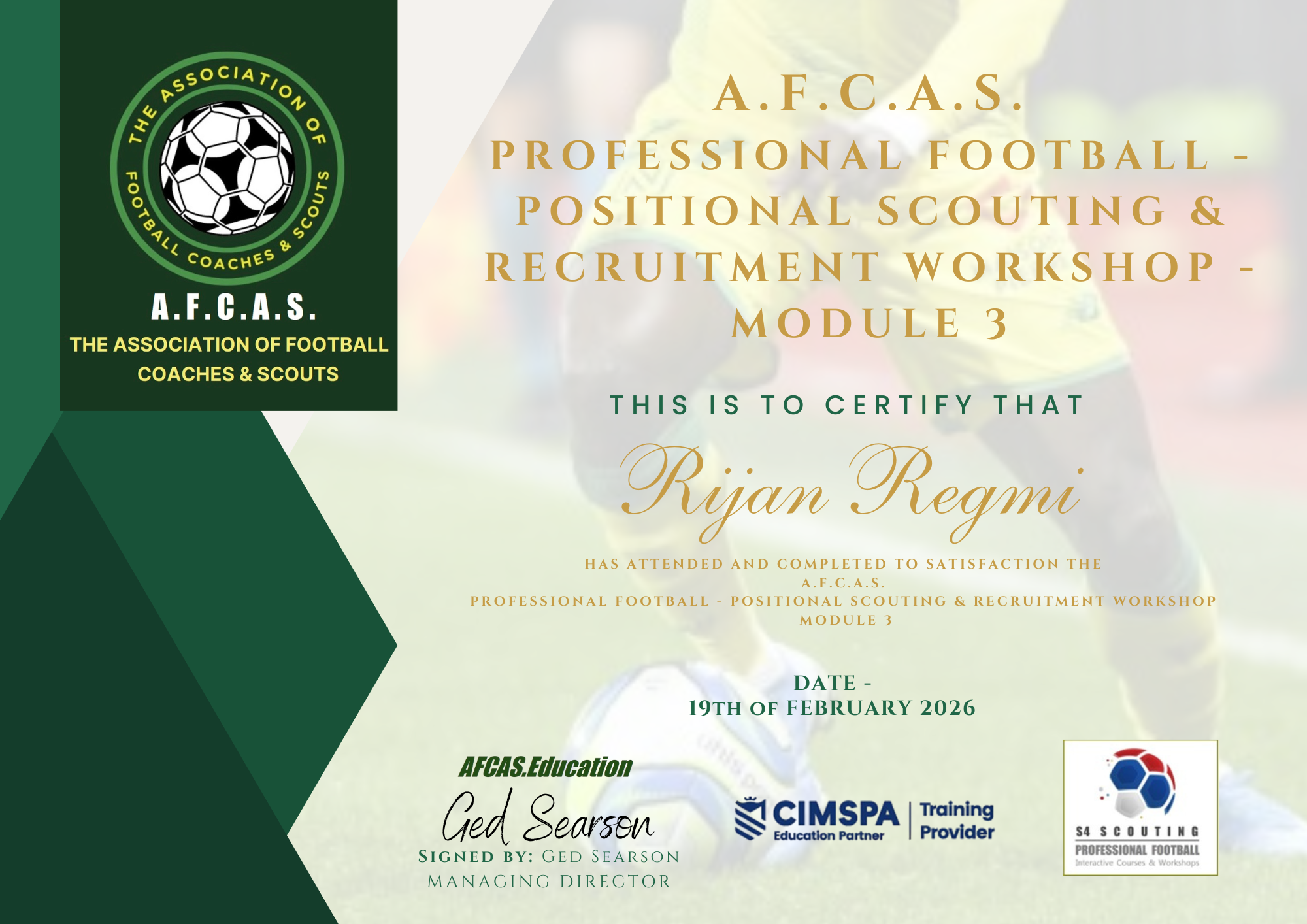A.F.C.A.S. Positional Scouting & Recruitment - Module 3 credential view
